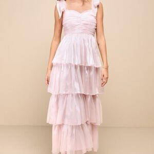Lulus Radiant Arrival Shiny Pink Organza Tiered Tie-strap Maxi Dress - Size L